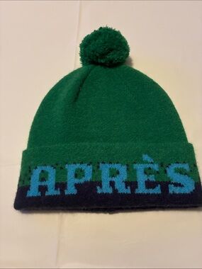 Kids Pom Pom Beanie Hat in Emerald Green with Blue Lettering
